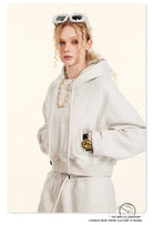 White langry cropped hoodie sweatshirt with retro patch, winter fashion pullover