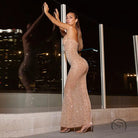 Elegant langry beaded nude evening fishtail fashion dress