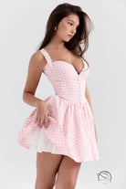 Stunning v neck sling dress in pink and white gingham with sweetheart neckline