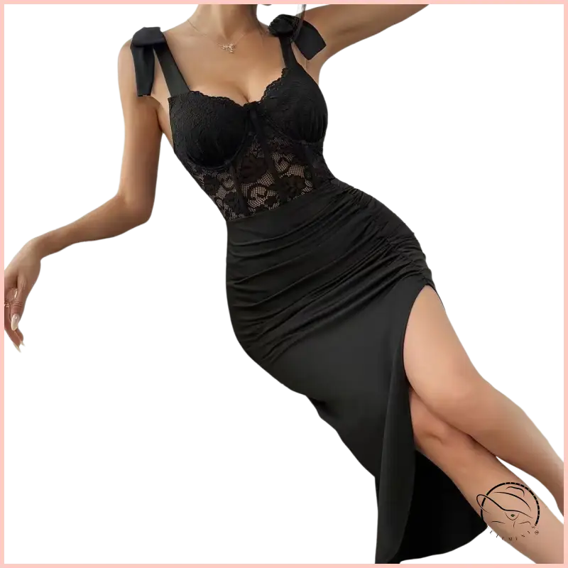 Fashionable elegant sheath dress in black lace with ruched skirt and high slit