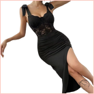 Fashionable elegant sheath dress in black lace with ruched skirt and high slit