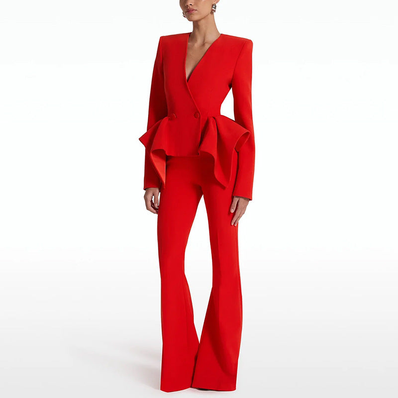 Langry fashion red ruffled jumpsuit with deep V-neck and wide-leg flare
