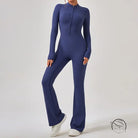 Navy blue long-sleeved fitted one piece sportswear jumpsuit with flared legs