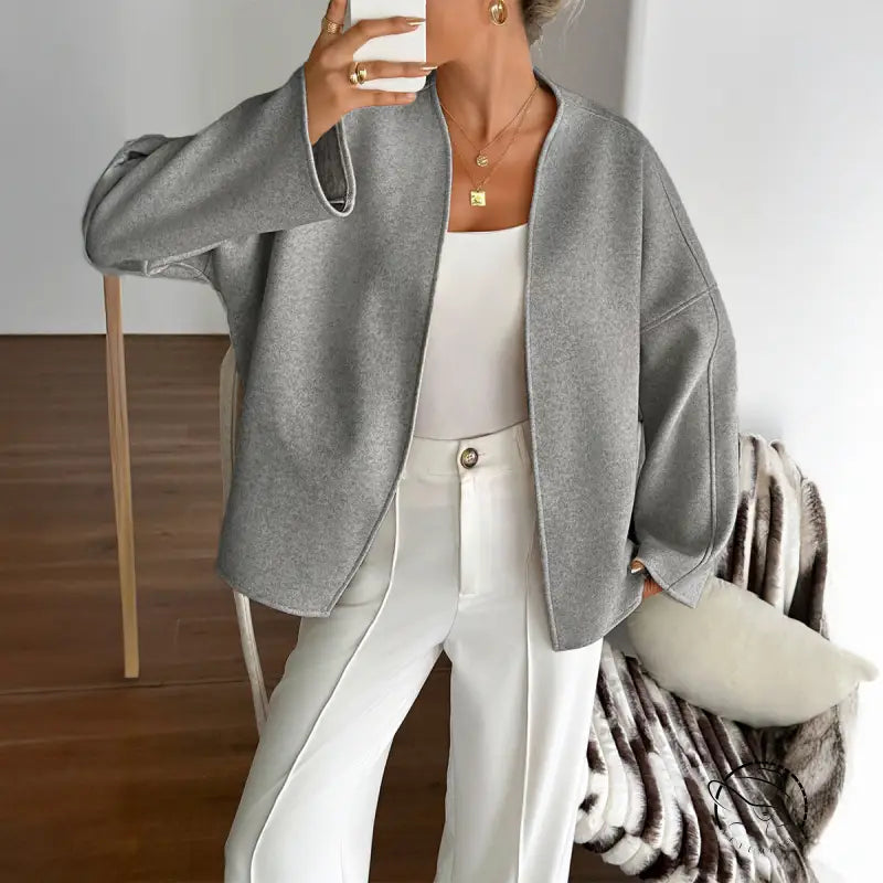 Gray oversized cardigan in langry fashion, long sleeve ملابس blazer