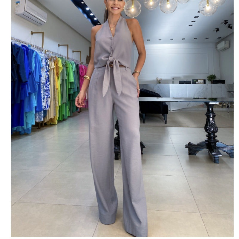 Elegant Gray Halter Top and Wide-Leg Pants Set from Langry Fashion, ملابس for stylish office wear