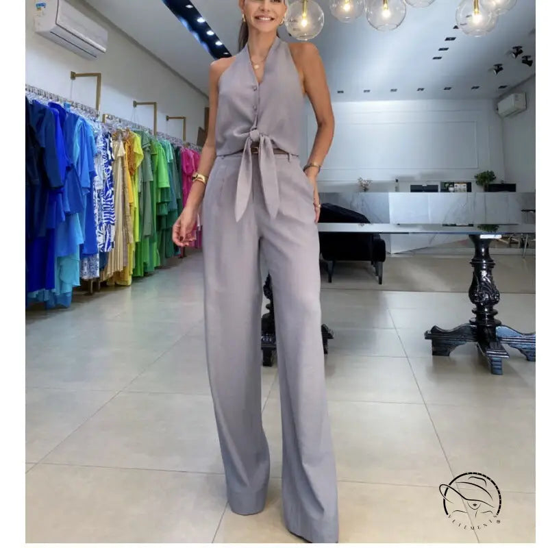 Elegant office jumpsuit set with gray halter top and wide-leg pants
