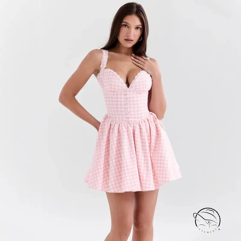 Stunning v neck sling dress in pink and white gingham print