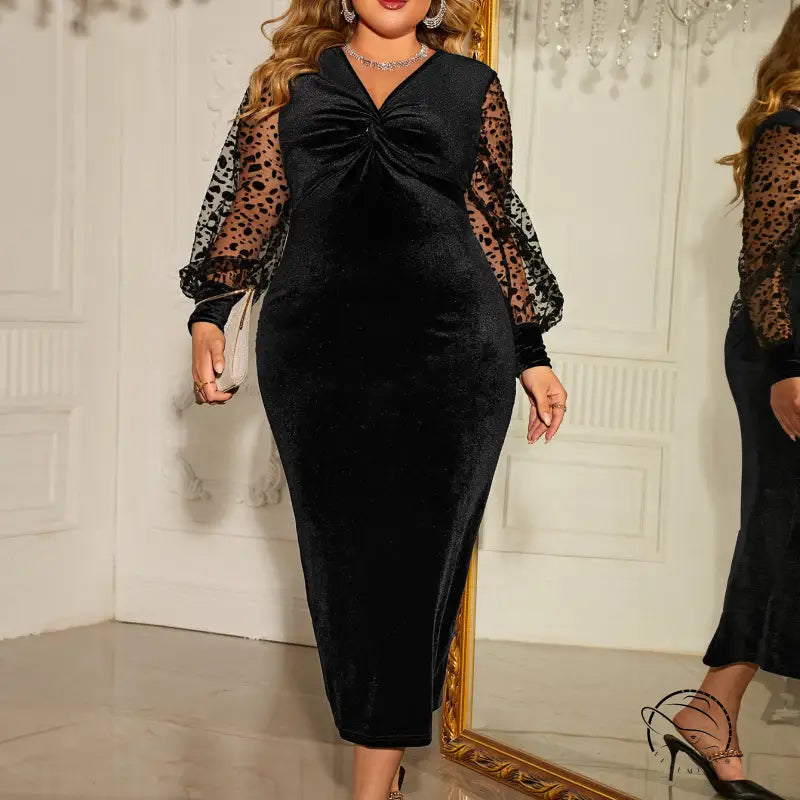 Elegant mesh long sleeve dress in black velvet with sheer leopard print sleeves