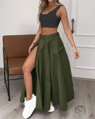 Ladies Set Summer Sleeveless Solid Color Slit Two Piece