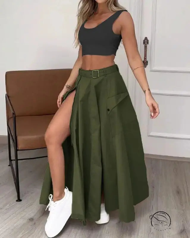Ladies Set Summer Sleeveless Solid Color Slit Two Piece