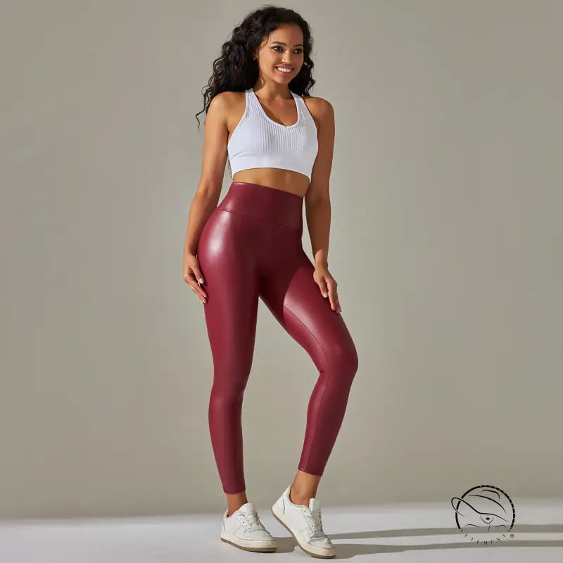 High waist faux leather leggings in maroon with textured spandex finish