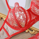 Red lace bra with floral embroidery in Beauty Back push up underwear four piece set