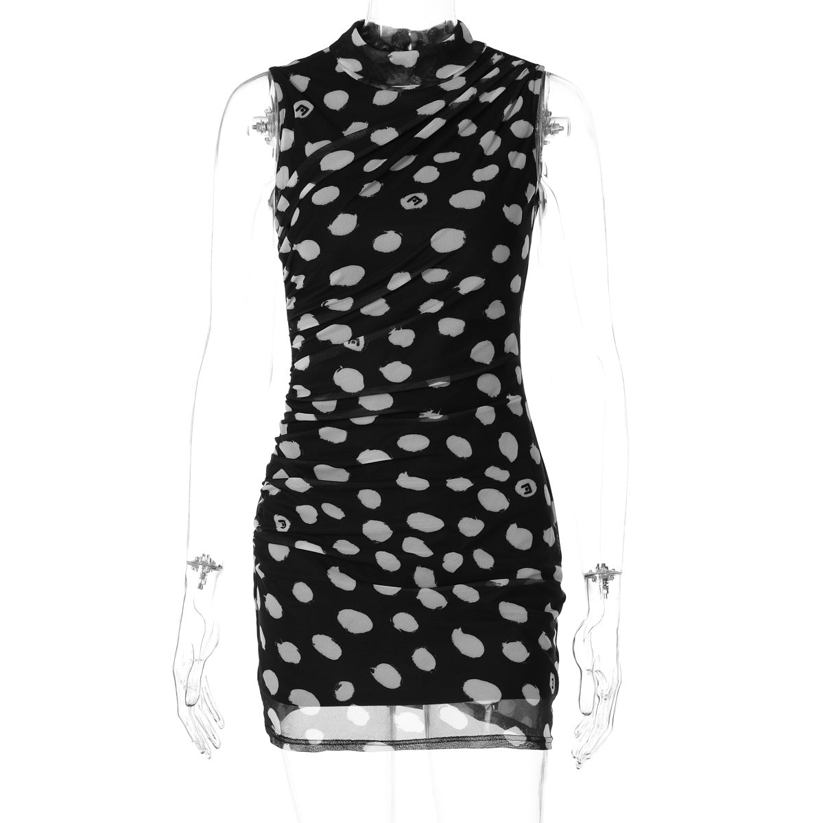 Black and white polka dot mesh sheath dress with sheer sleeves