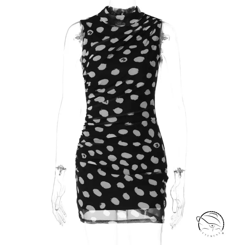 Black and white polka dot Langry fashion dress with sheer sleeves