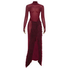 Langry fashion burgundy feathered mesh turtleneck jumpsuit with high slit
