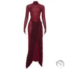 Burgundy slim fit feathered turtleneck jumpsuit with split skirt