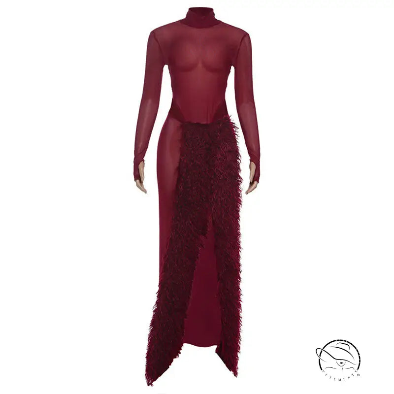 Burgundy slim fit feathered turtleneck jumpsuit with split skirt