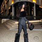 Elegant langry fashion black fur-trimmed off-shoulder bodysuit with high boots