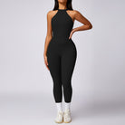 Langry fashion black high-necked hip raise yoga jumpsuit with seamless fit