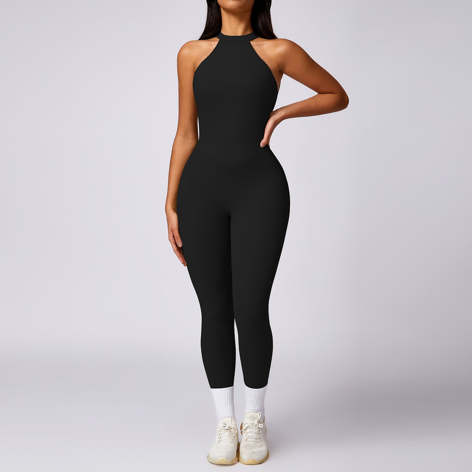 Langry fashion black high-necked hip raise yoga jumpsuit with seamless fit