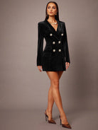 Elegant black velvet Langry fashion blazer dress with silver buttons