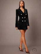 Elegant black velvet double-breasted blazer dress in langry fashion ملابس