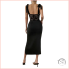 Fashionable elegant sheath dress in black lace and satin with shoulder ties