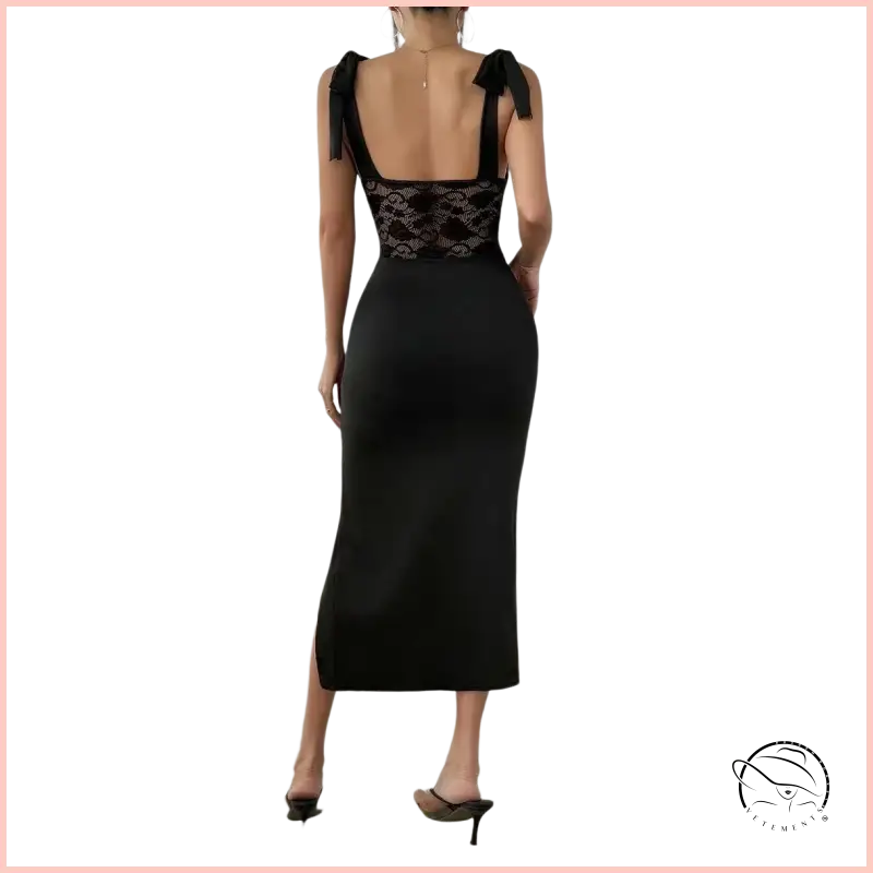 Fashionable elegant sheath dress in black lace and satin with shoulder ties