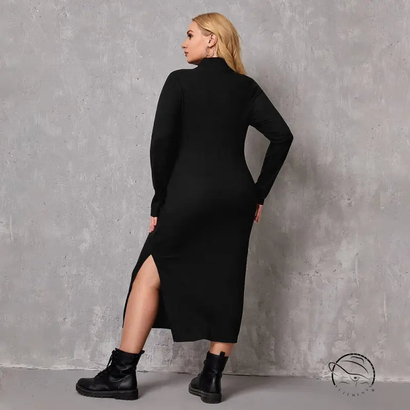 Elegant winter mid length dress: black long-sleeved midi with side slit
