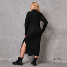 Elegant winter mid length dress: black long-sleeved midi with side slit