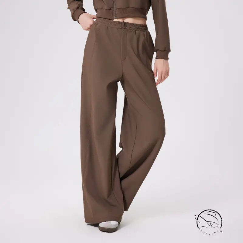 Brown loose fitness warm pants with high-waist elastic band