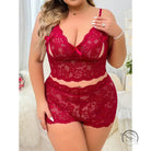 Red lace corset two piece suit with floral pattern and plus size shorts