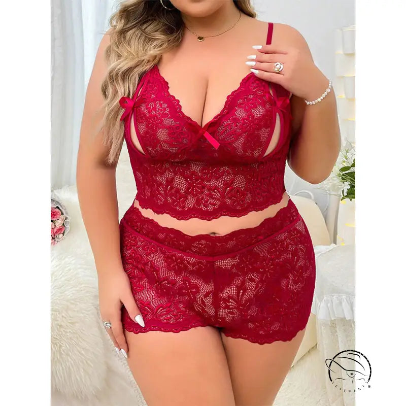 Red lace plus size corset two piece suit with floral lingerie and shorts