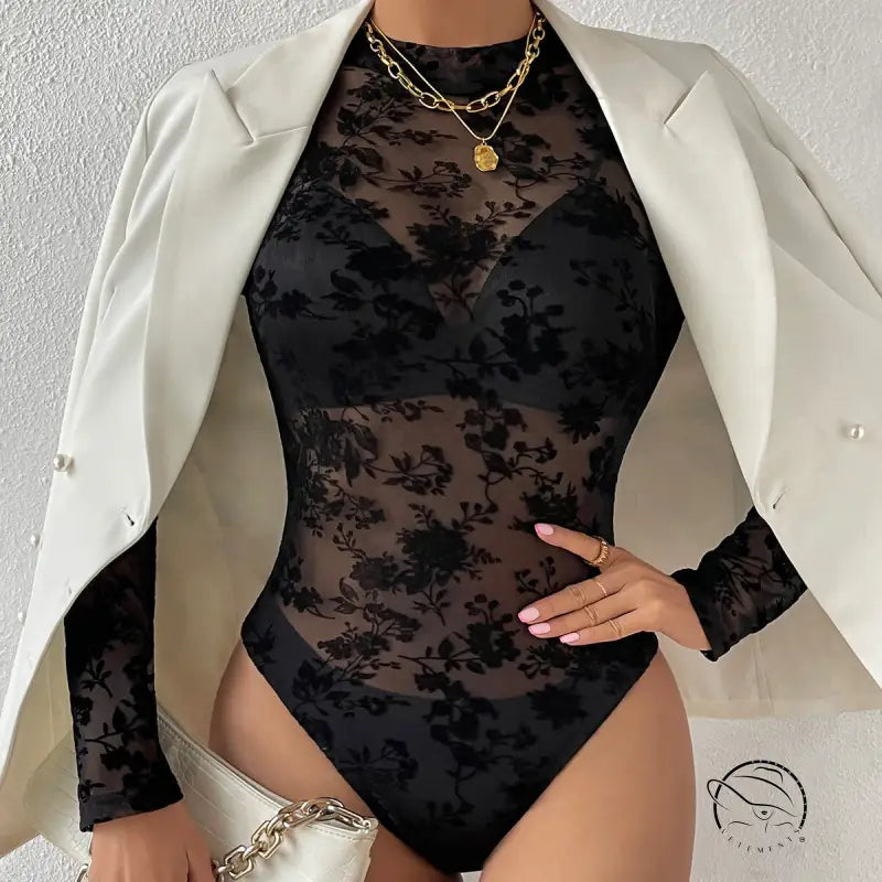 Lace mesh slim fit long-sleeved black floral see-through bodysuit