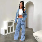 Vintage pocket washed jeans with cropped denim jacket and white crop top