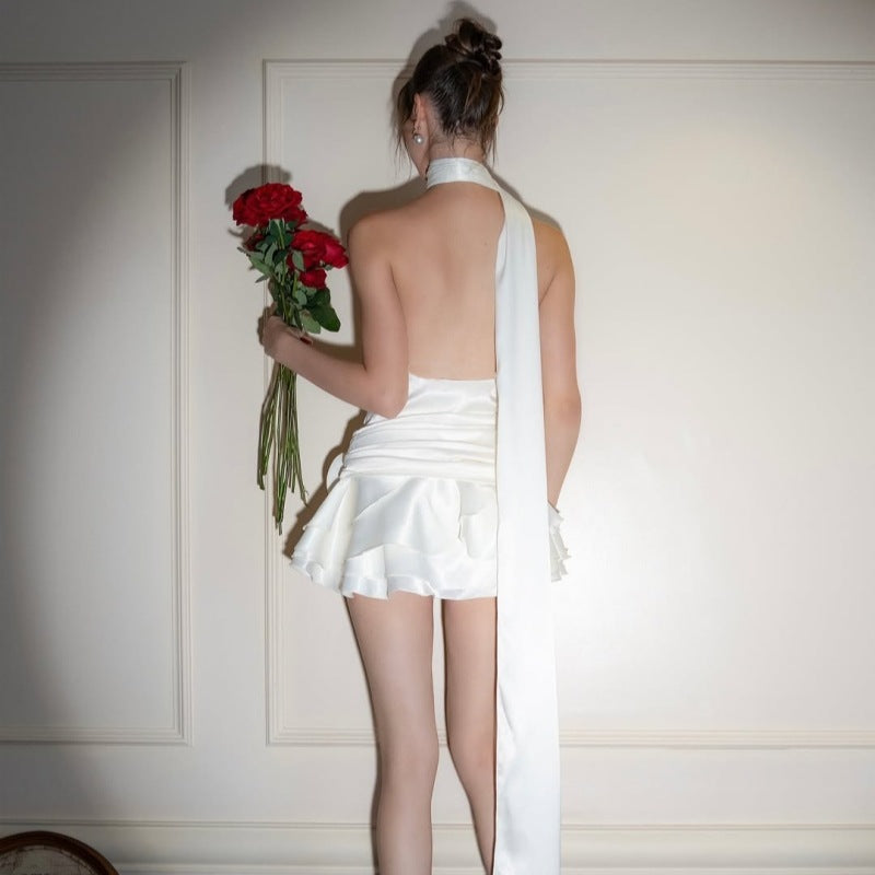 Backless white mini dress with roses in Elegant High Grade off Shoulder Dress for fashion