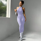 Langry fashion ملابس: lavender tight yoga jumpsuit with halter neckline