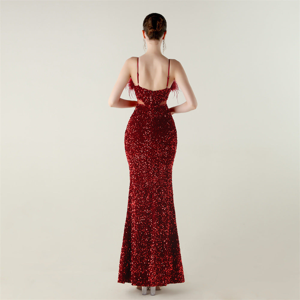 Red sequined mermaid langry fashion dress with ostrich feathers