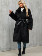 Long faux fur overknee coat with black fur and leather belt