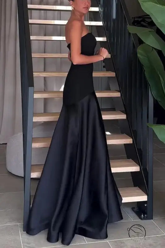 Elegant black strapless satin dress in Langry fashion