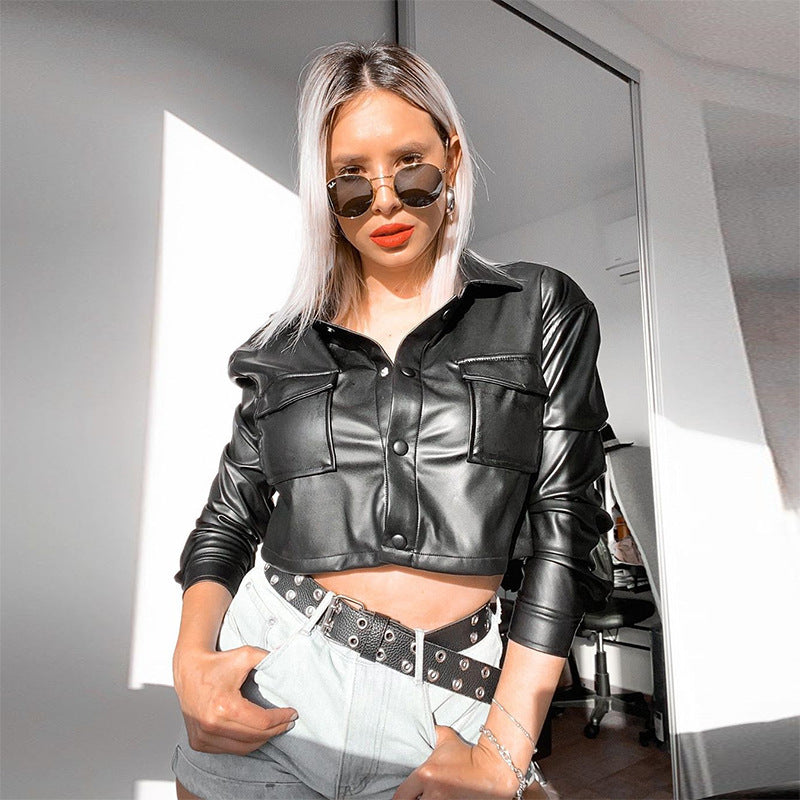 Black leather cropped jacket with silver hardware, Langry fashion coat
