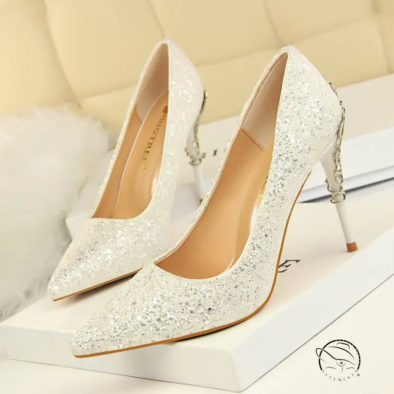 Elegant langry white glitter stiletto heels with bow and chain