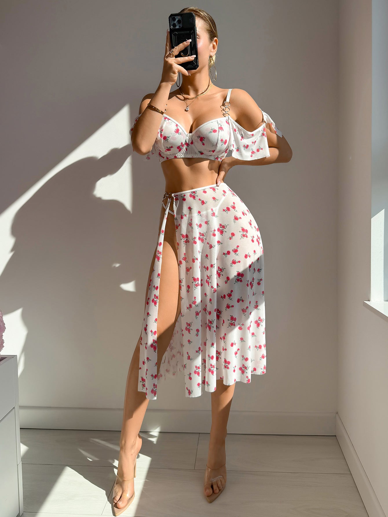 Gorgeous Mesh Leopard Print Lingerie Set with Floral Fashion