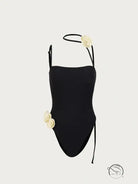 Black one-piece enchanting beach swimwear with cream floral accents
