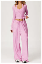 Langry lavender two-piece yoga set with wide-leg pants and crop top