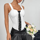 Langry fashion white polka dot corset with black tie belt and leather skirt