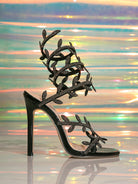 Langry fashion black high-heeled sandal with leaf design and rhinestones