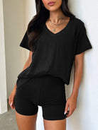 Black V-neck t-shirt and shorts loungewear set from Comfy Daily Set for stylish ملابس