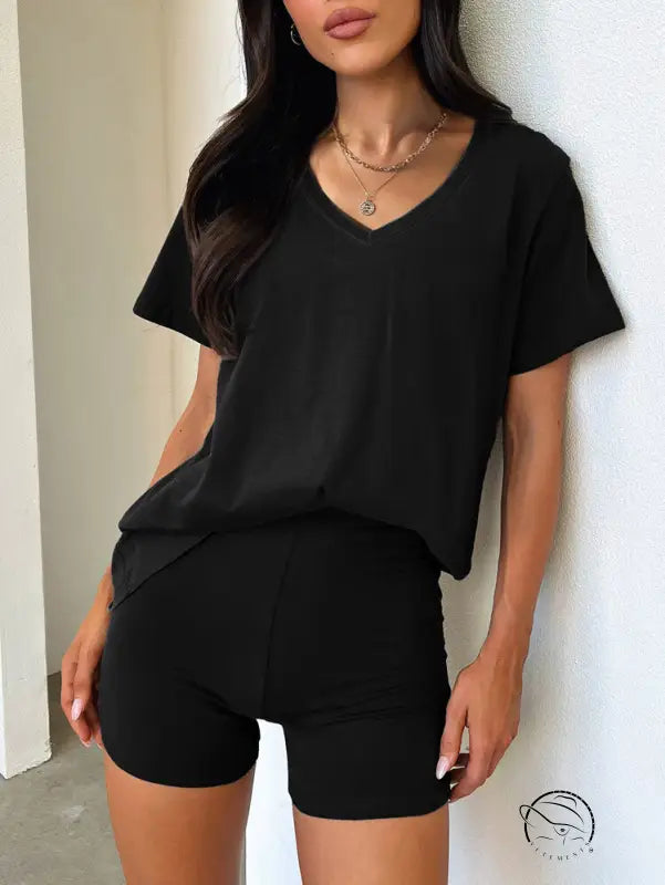 Comfy daily set: black v-neck t-shirt and shorts loungewear