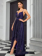 Elegant slim fit langry fashion evening gown in deep purple with plunging neckline
